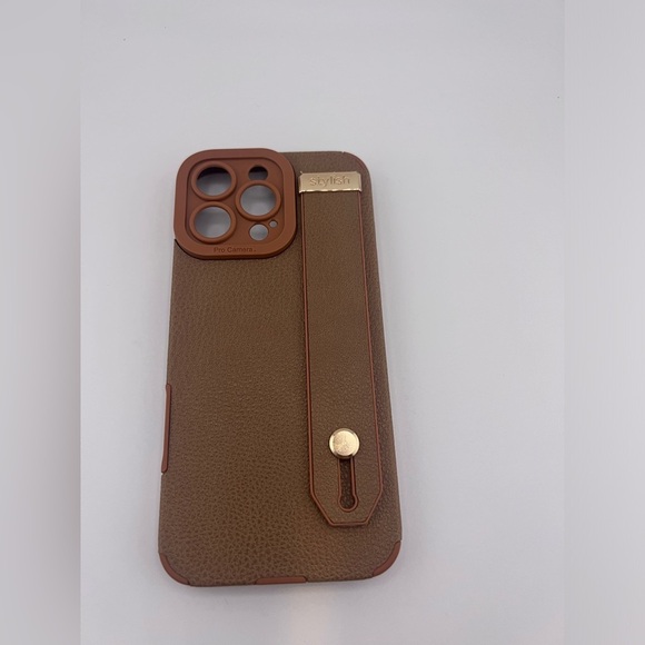 iPhone 16 Pro Max Case/Brown Textured Faux Leather with Gold Accents/Hand Strap - Picture 6 of 8